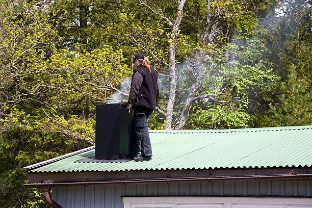 Female chimney sweeper checking out a chimney with white smoke.See also my LB: